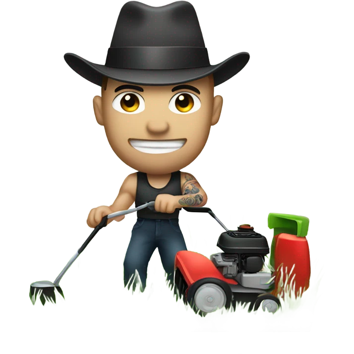 A muscular white man with tattoos cutting grass with a lawn mower wearing a tophat emoji