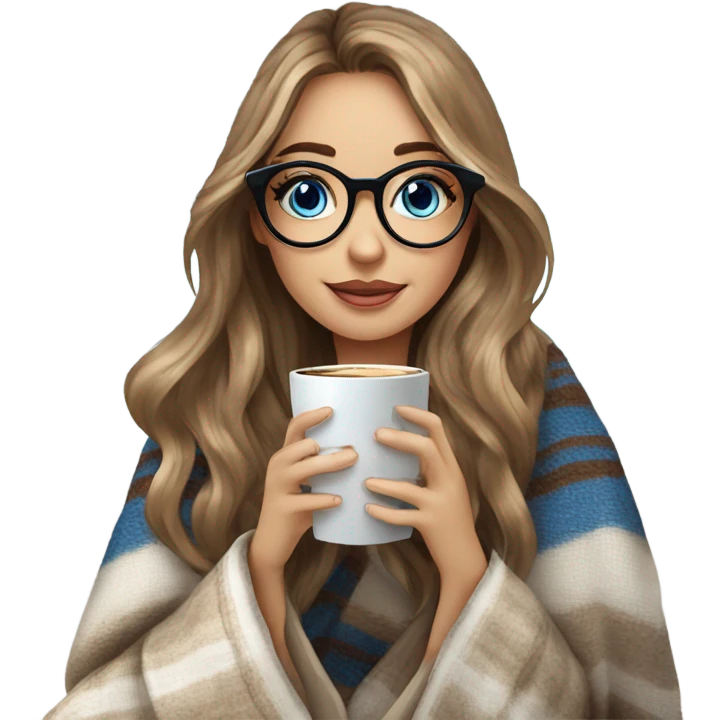 Balayage hair Girl drinking coffee, with a cozy blanket wearing glasses with blue eyes photo beautiful  emoji