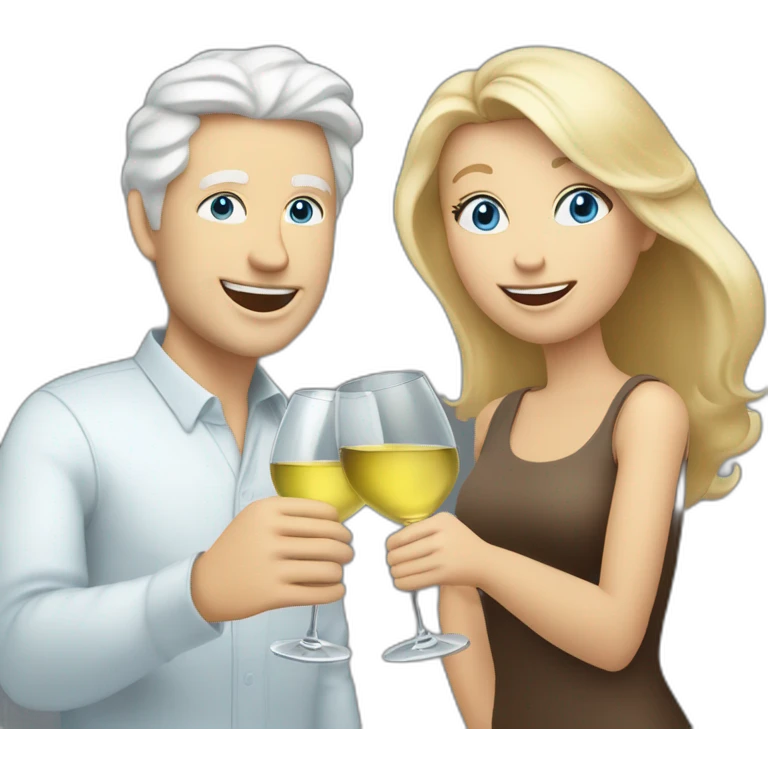 white man with blue eyes and grey hair toasting with a white wine together with white woman with brown eyes and blond hair and a white wine emoji
