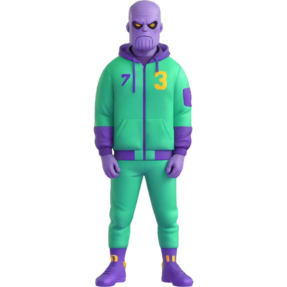 purple-skinned Thanos wearing a green Squid Game player tracksuit with number 230 emoji