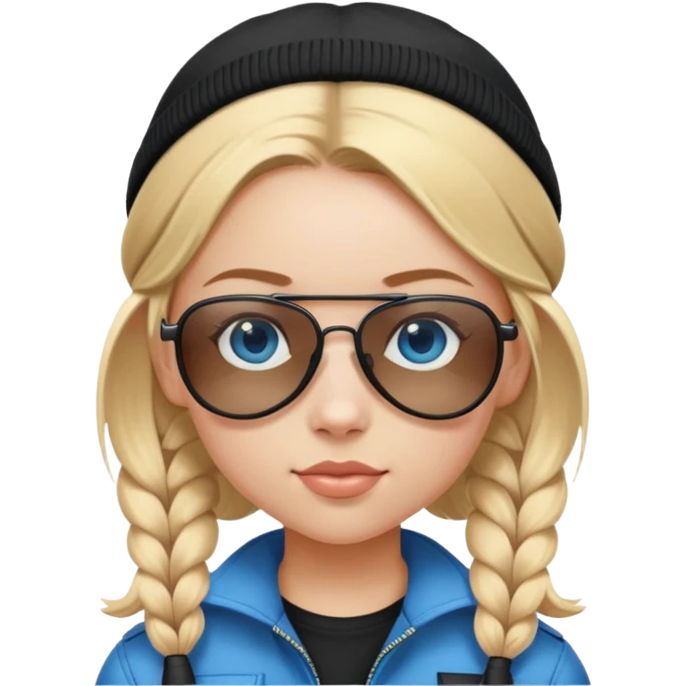 girl with pigtailed blond hair
with blue eyes and aviator sunglasses

wearing a black plain beanie emoji