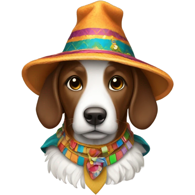 Brown and white doodle with a costume emoji