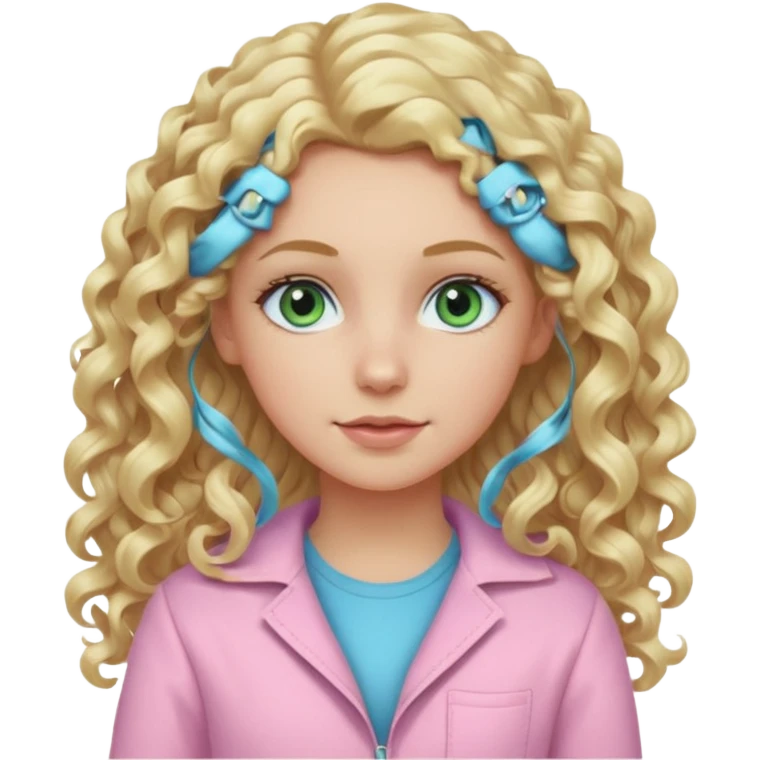 A white girl with long blonde curly hair and blue and green eyes wearing light pink emoji