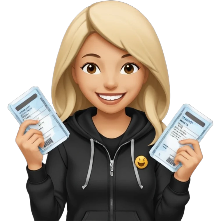 Hilarious, blunt, high energy, and adventurous. woman in hoodie laughing with plane tickets  emoji