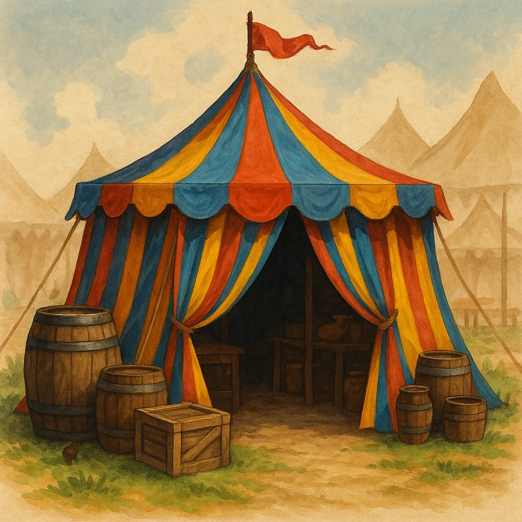 a colorful middle ages tent shop, striped fabric, open flaps, barrels and crates, medieval fair setting emoji