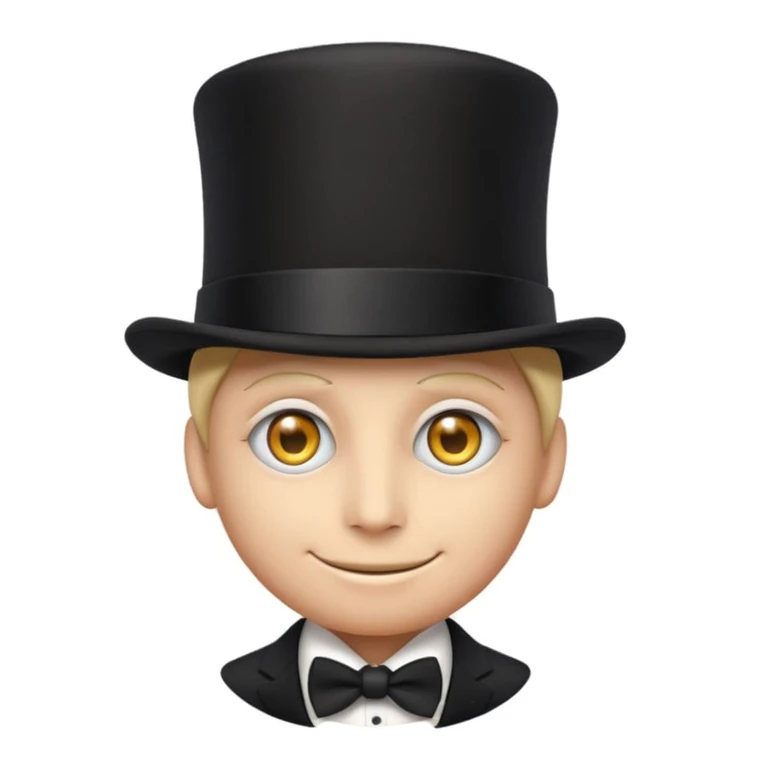 understated elegant emoji character in a black suit and top hat, subtle all-seeing eye pin, mysterious smile, dark exclusive background evoking secrecy and power emoji