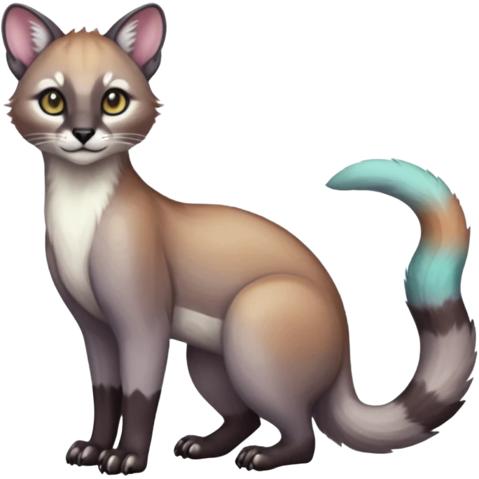 Colorful dark tropical soft smooth silky pastel white glorious iridescent divine exotic cute cool beautiful beautiful fantasy-caracal-civet-genet-sergal-vernid-Cacomistle-Trico-oncilla-animal-Fakémon-hybrid-fursona (full body) emoji