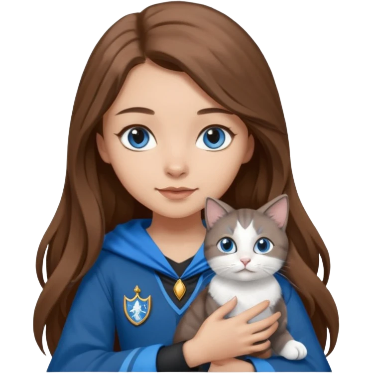 gorgeous Girl with light skin, blue eyes, long brown hair, wears a ravenclaw outfit, with a grey and white cat holding in her arms emoji