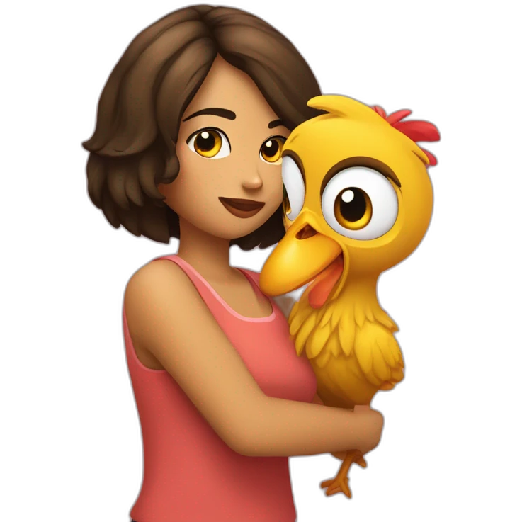 Chica morena y una gallina juntas emoji