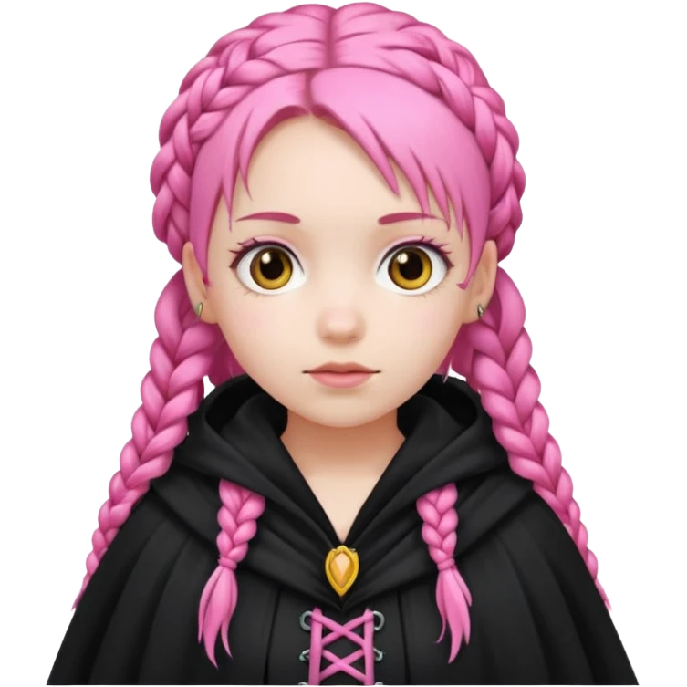pink braids hair kid girl, white skin, wear black cloak emoji