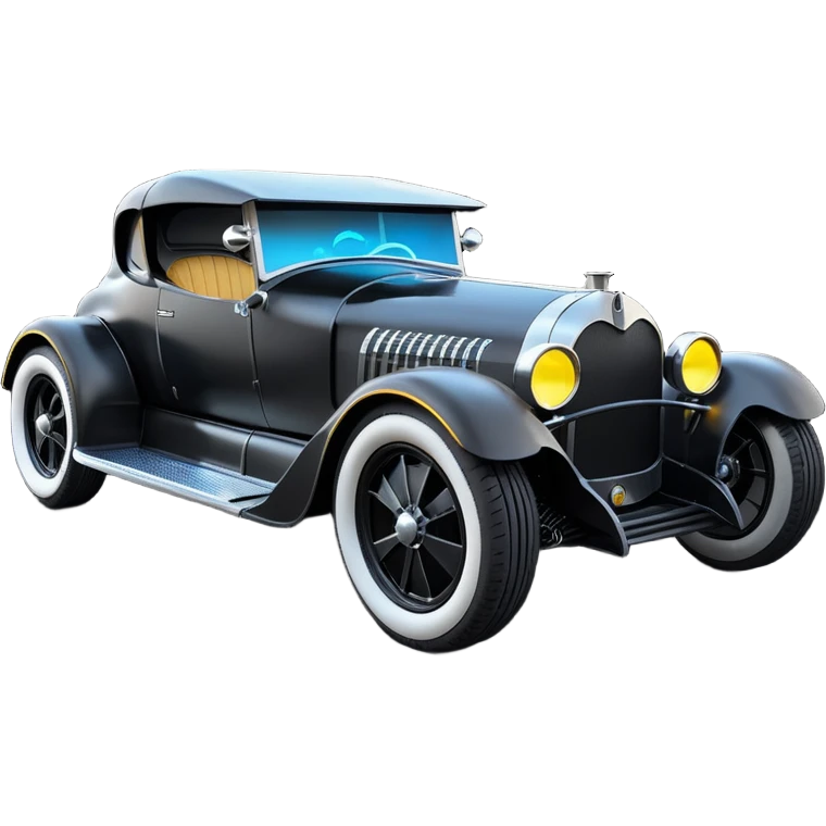 Mad max luxurious survival apocalypse ghostly sporty antique electric Darth Vader’s Batman-armored 1926 black graphite colored enclosed twin seat town coupe with horizontal holographic 3d stars painted on the body sides and neon under glow  emoji