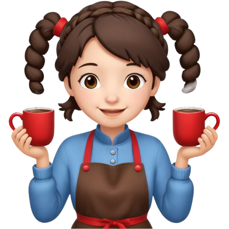 A cozy pig tail hair vendor with fluffy earmuffs, wearing apron handing out steaming cocoa with a warm smile. emoji