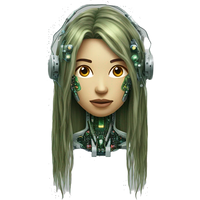 Olive green long hair female cyborg head with circuits emoji