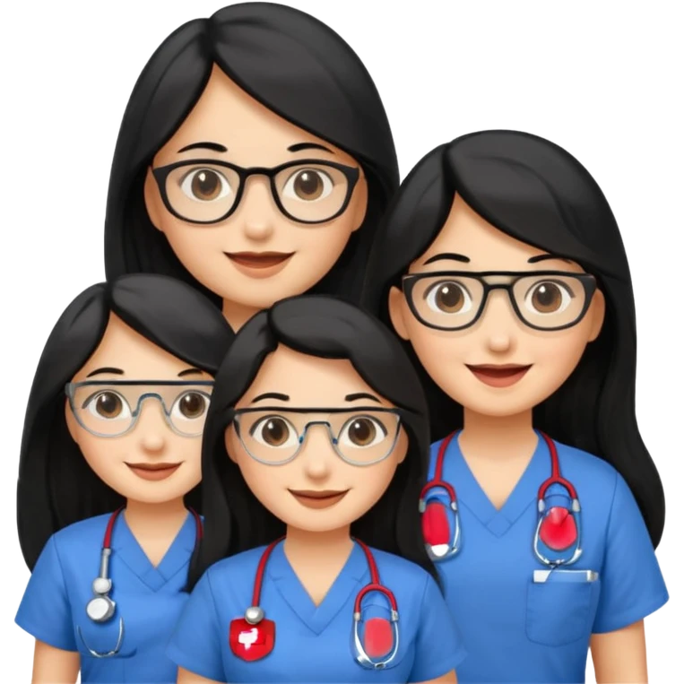 Genera emogis de 4 cuatro enfermeras de cabello negro largo, entre ellas que una tenga lentes y otra un lunar encima de los labios emoji