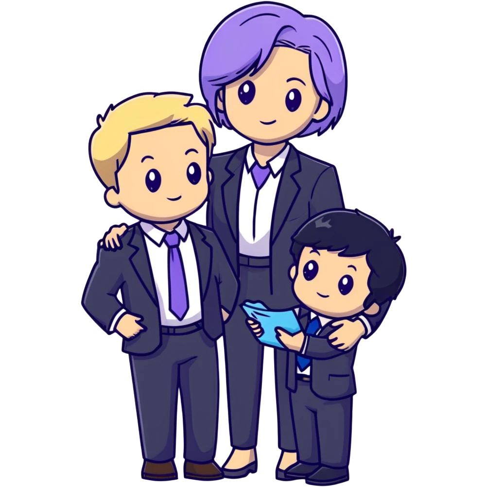 The Parr family from Incredibles in civilian clothes - Bob in business suit, Helen in casual clothes, Violet teen with black hair, Dash blonde boy, baby Jack-Jack emoji