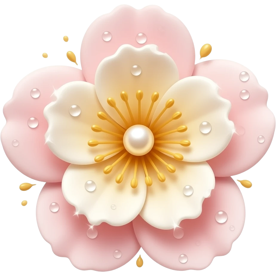 A lovely emoji of a blooming flower with pearl-shimmer petals in soft pink and ivory tones, golden pollen sparkles drifting around, dewy and luminous, spring beauty aesthetic, glowing highlight effect emoji