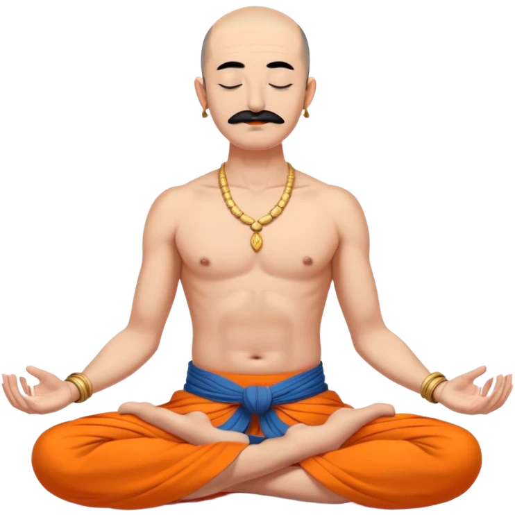 сossack with bold head, very long 15 inch black mustache, lock of black hair sprouting from the top of the shaven head, meditating bare torso with closed eyes in lotus pose in long orange indian dhoti covering the legs emoji