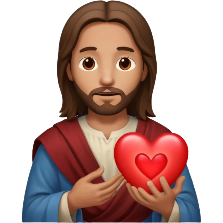 jesus holding a glowing heart emoji. make his eyes brown, and make him look safe. emoji