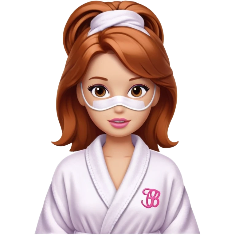 A Barbie face with shoulder-length reddish-brown hair, makeup, a smeared face mask, and a bathrobe. emoji