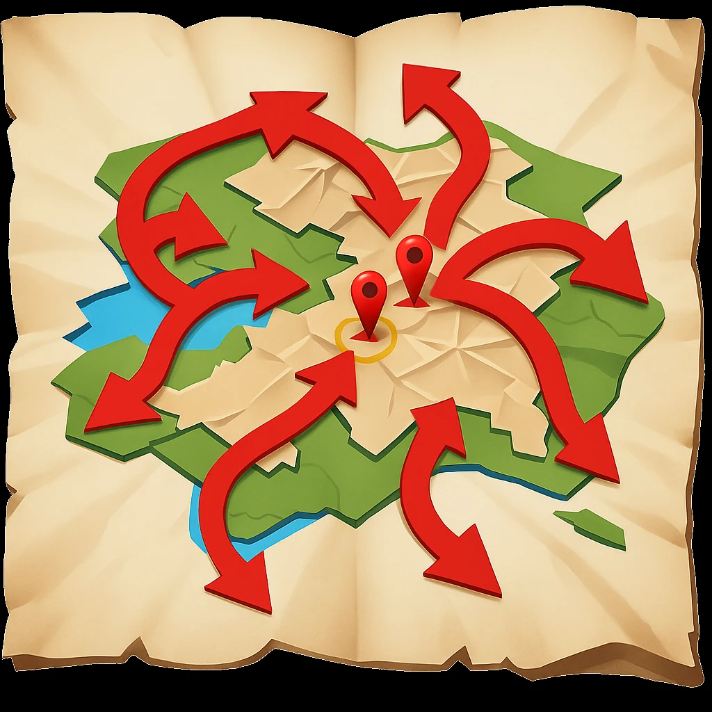 Add bold red arrows to the map, indicating an upcoming offensive attack strategy. Keep the emoji style and all original details. emoji