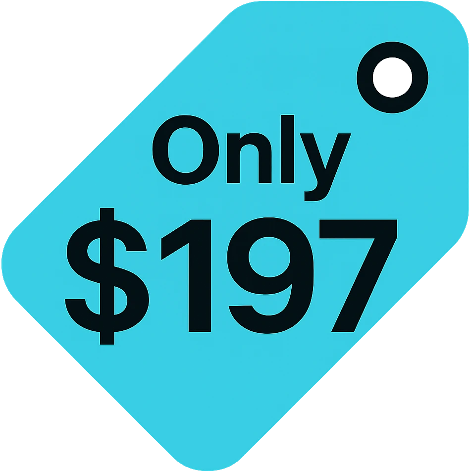 Change the colors of the price tag icon to cyan and black. Keep the text 'Only $197' visible and bold. Use a modern and bold style with lineal color icon characteristics, focusing on cyan and black colors for a sleek look. emoji