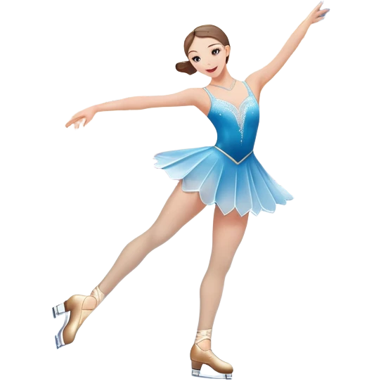 An icon featuring a graceful figure skater performing a spin on the ice. The background includes a grand ice rink palace with shining spotlights and cheering spectators in the stands. Transparent background highlights the elegance and artistry of figure skating emoji