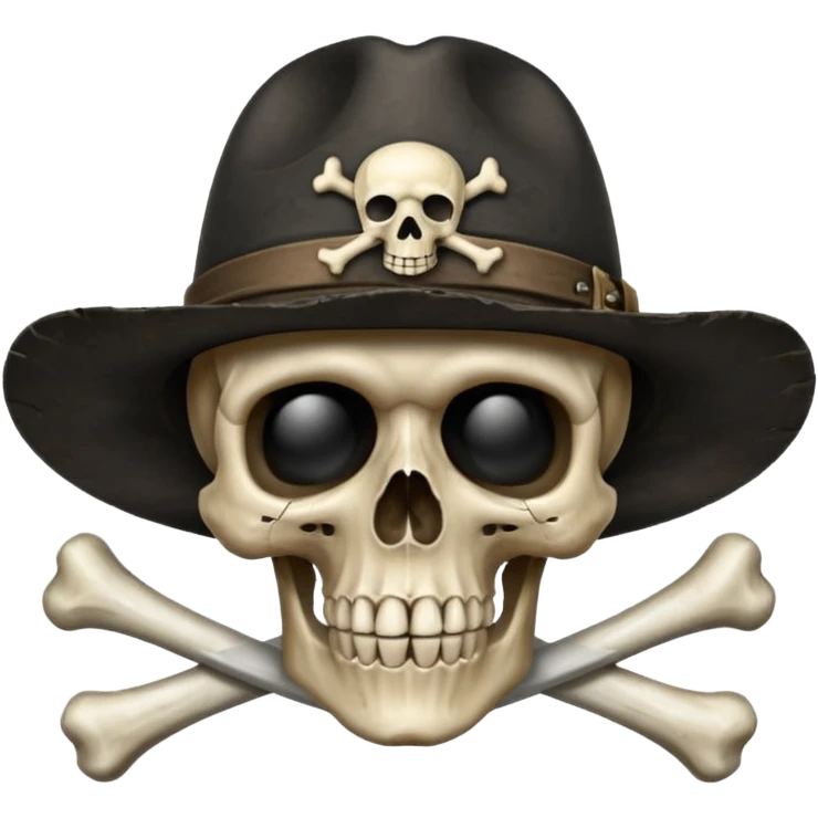 A skull and crossbones wearing a black wide brimmed traveler's hat. emoji