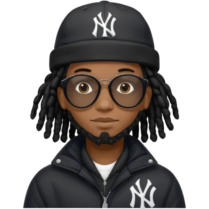 African American man brown skin complexion with black dreadlocks shoulder length wearing black bubble winter coat wearing black sunglasses wearing a New York Yankees fitted baseball hat emoji