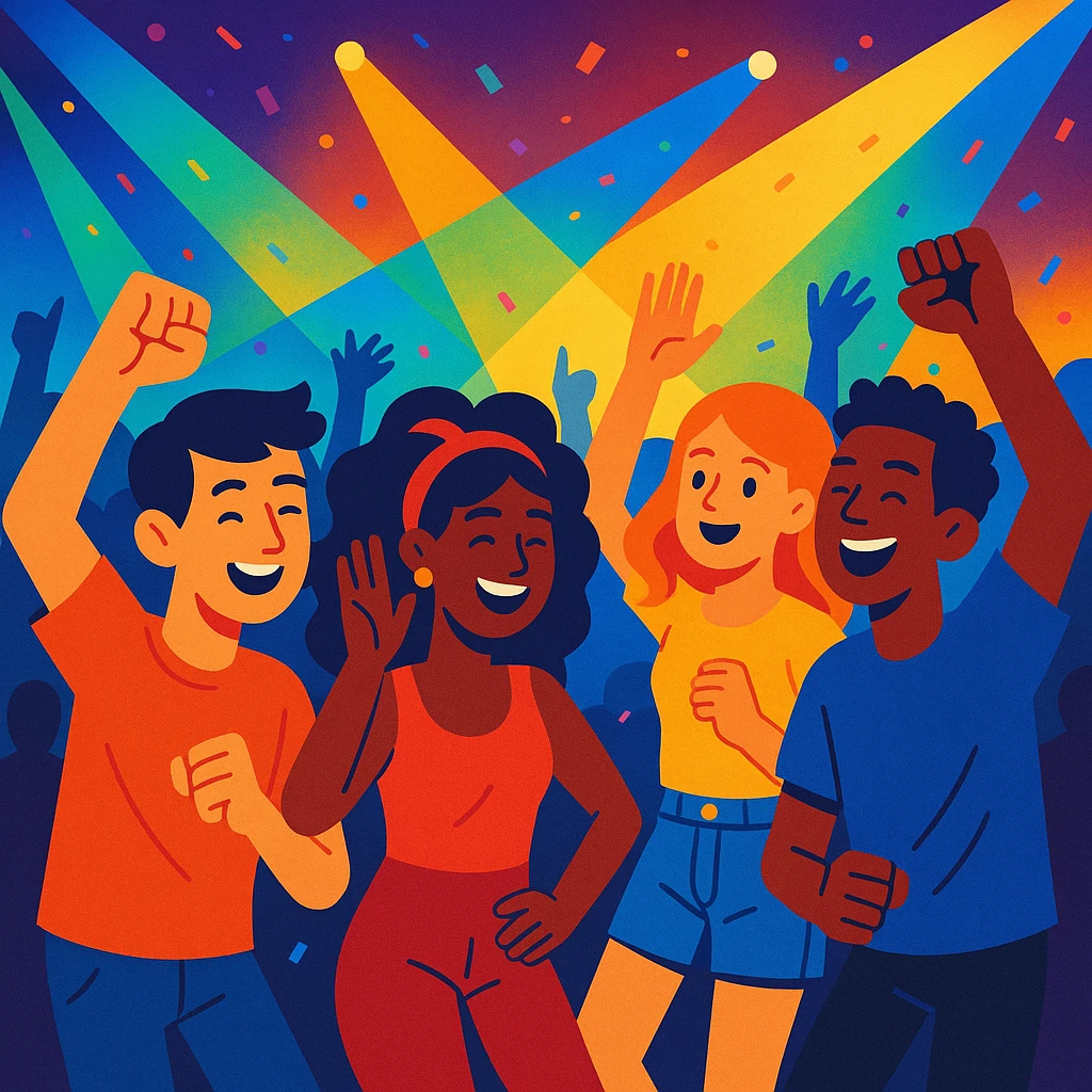 group of friends dancing at a music concert, colorful lights, lively atmosphere emoji