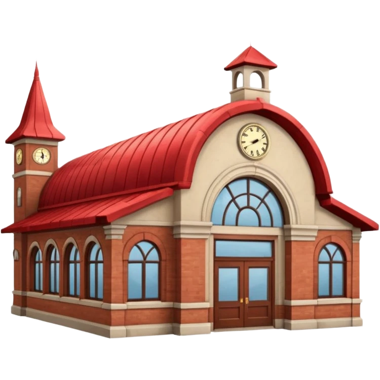 classic train station building with red roof and tracks, no text emoji