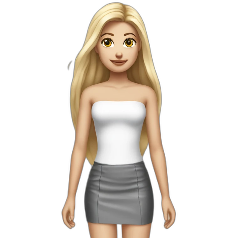 hyperrealist caucasian long straight hair blonde brown eyes strapless white low cut top gray tight mini skirt black shoes complete body emoji