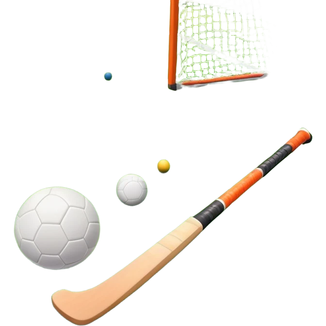 A field hockey stick and ball on a vibrant green grass field, with goalposts and clear field markings in the background. The scene emphasizes the bright, lush grass, highlighting the fast-paced and strategic nature of hockey on a well-maintained pitch. emoji