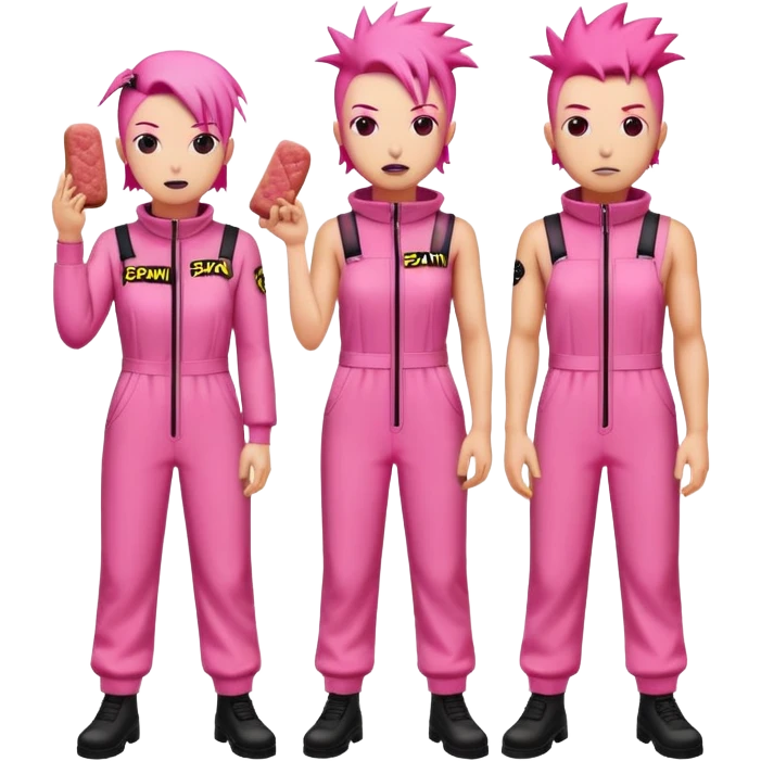 punk artists in pink jumpsuits protesting for spam meat is art emoji