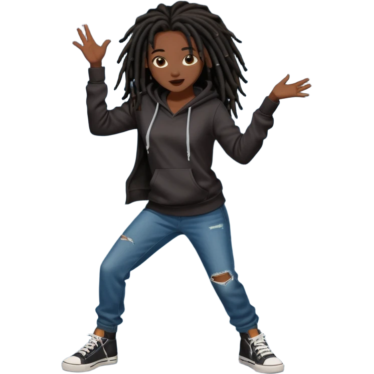African American dark skin girl with black dreadlocks with brown tips wearing a plain black hoodie wearing denim jeans and shoes dancing in music video emoji