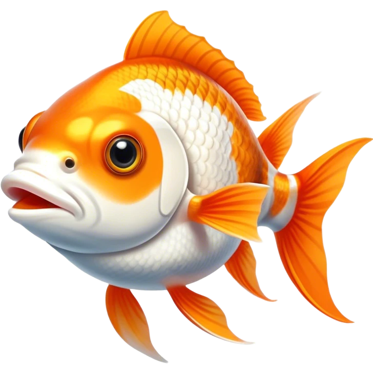 Cinematic Noble Orange and White Goldfish Portrait Emoji, Poised and regal, with a sleek, streamlined build and a vibrant body featuring a harmonious blend of orange and white hues, deep-set soulful golden eyes, Simplified yet sharp and sophisticated features, highly detailed, glowing with a soft, dignified glow, high shine, intelligent and graceful, stylized with an air of aquatic artistry, focused and attentive, soft glowing outline, capturing the essence of a watchful and confident aquatic companion, so majestic it feels as though it could glide out of the screen with effortless authority! emoji