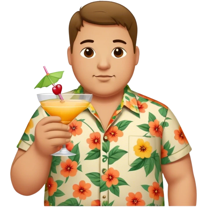 chubby guy figure in a flowered shirt holding a cocktail emoji