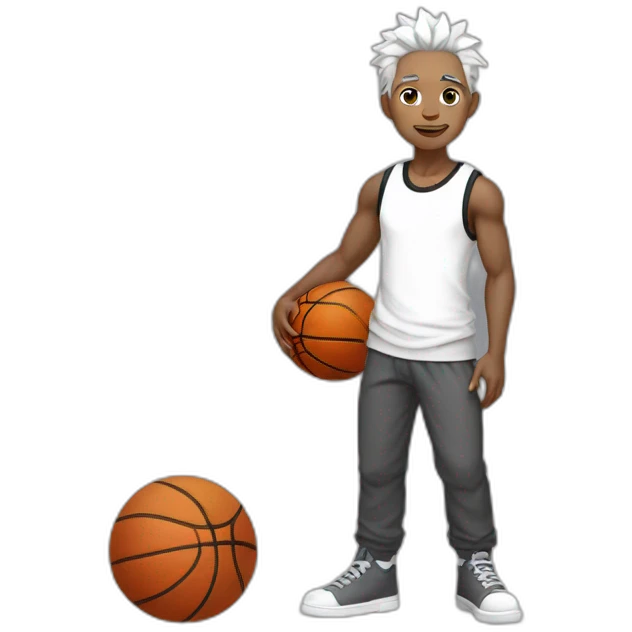 Chinese idol wearing white overalls and gray pants and black T-shirt with white hair holding a basketball in his right hand emoji