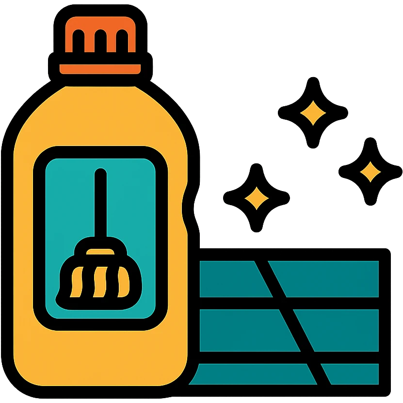 A close-up of a syrup bottle with a mop icon on the label, next to a sparkling floor, modern icon style emoji