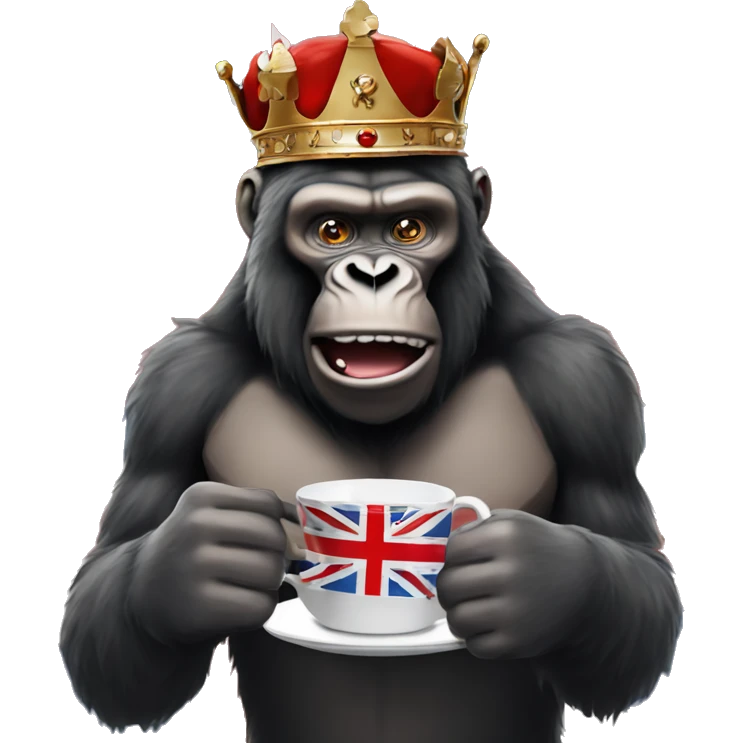 king kong drinking tea  with british flag behind in the background emoji