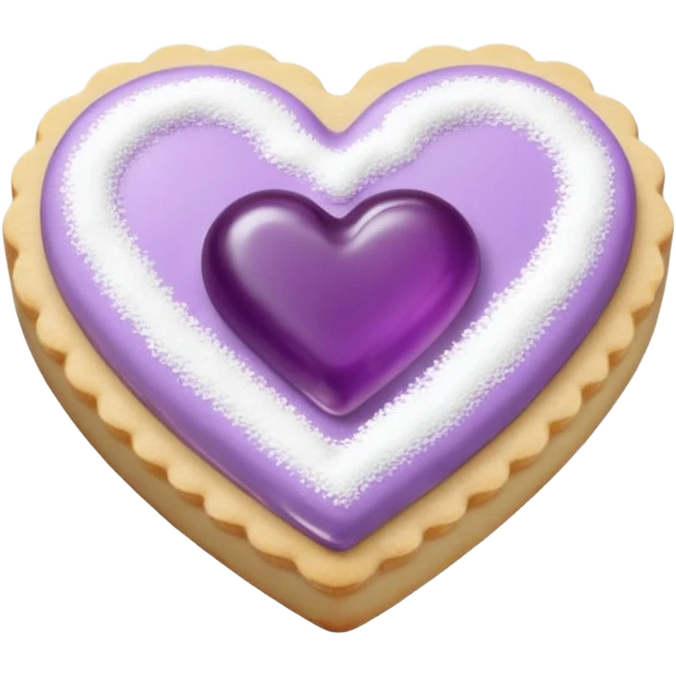 Realistic shortbread cookie in the shape of a heart with Pale Purple color jelly middle filling and sprinkled powder sugar on top. emoji