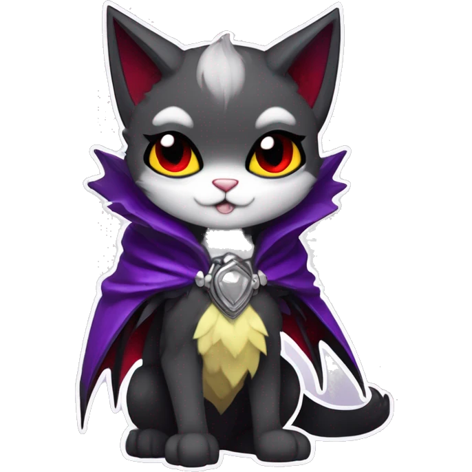 Anthro-Cute-Edgy-Cool-Vampiric-Batty-Cat-Black-Purple-Red-Grey-White-Yellow-Contrast-Colors-Fantasy-Fur-Sona-Chibi-Shiny-Fakémon-Hybrid with horns and fangs and collar full body emoji