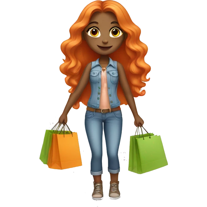 Tan girl with long orange hair wearing cute outfit holding shopping bags emoji