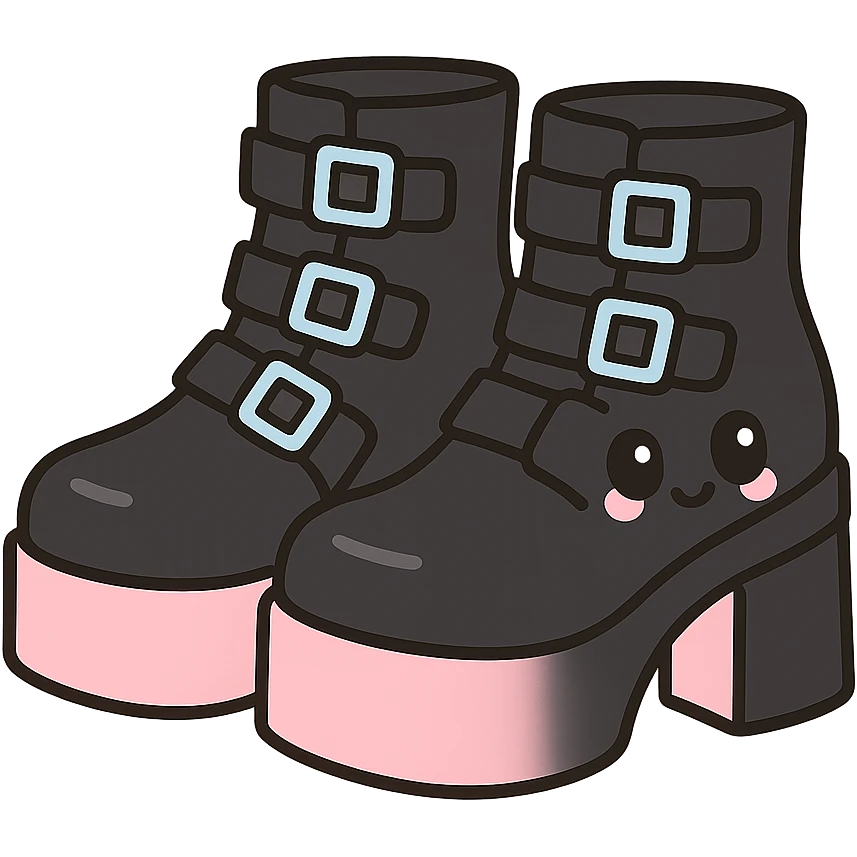 BLACKPINK-inspired gothic shoes, no hearts, black and pink, cute and stylish, kawaii style, platform boots with buckles, pastel blue accents emoji
