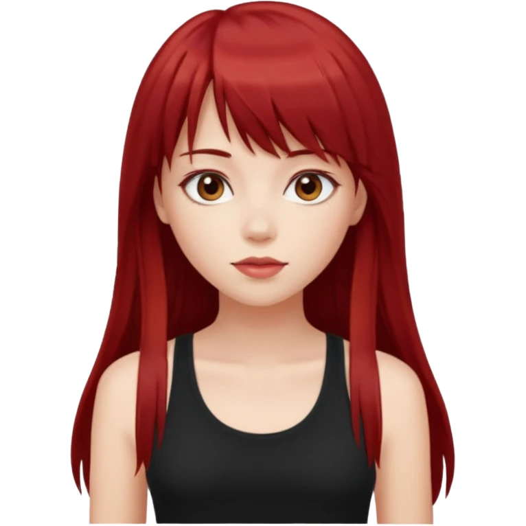 a pretty bratz fair girl with long dark red straight hair with bangs, wearing a black tank top emoji
