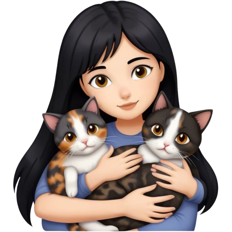 girl with black hair hugging three cats  (tortie cat, dark gray cat, brown calico cat) emoji