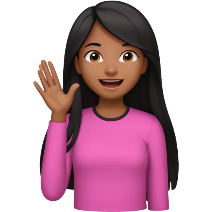 Chocolate brown girl wearing a pink shirt with long straight jet black hair giggling, she has one hand behind her back and one over her mouth  emoji