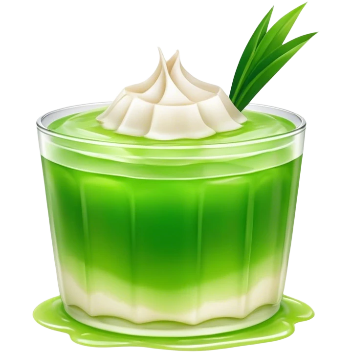 Cinematic Realistic Coconut Pandan Jelly Dessert Emoji, showcasing a delicate, translucent jelly infused with coconut and pandan rendered with lifelike detail and soft, tropical lighting. emoji