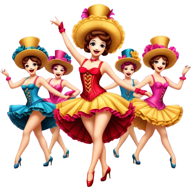 Cinematic Realistic Can-can Dance Emoji, depicted as a lively cabaret dance scene with flouncy costumes and dynamic energetic movement, rendered with vibrant textures and playful theatrical lighting that captures the spirit of French cabaret. emoji