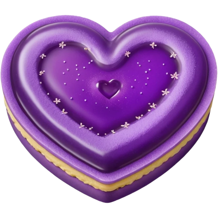 Realistic shortbread cookie in the shape of a heart with violet jelly middle filling and sprinkled powder sugar on top. emoji