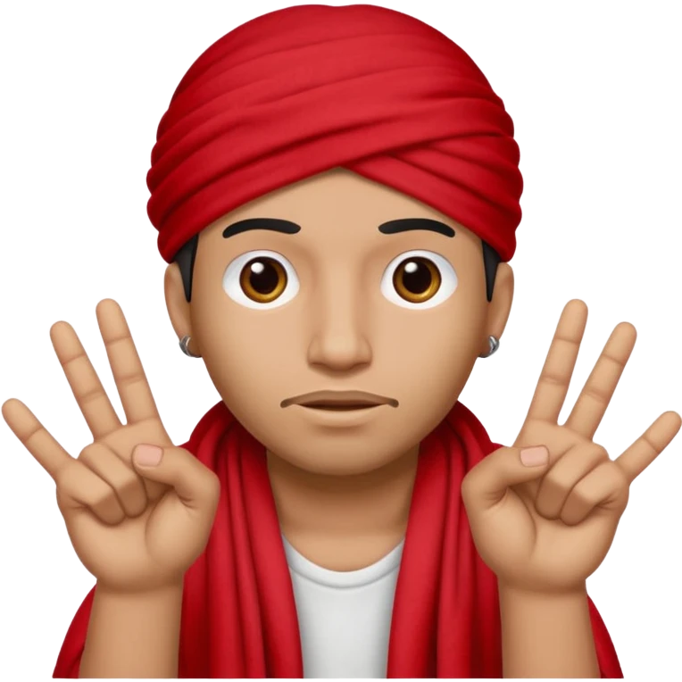 A cholo wearing all red with a red rag on his head holding up four fingers emoji